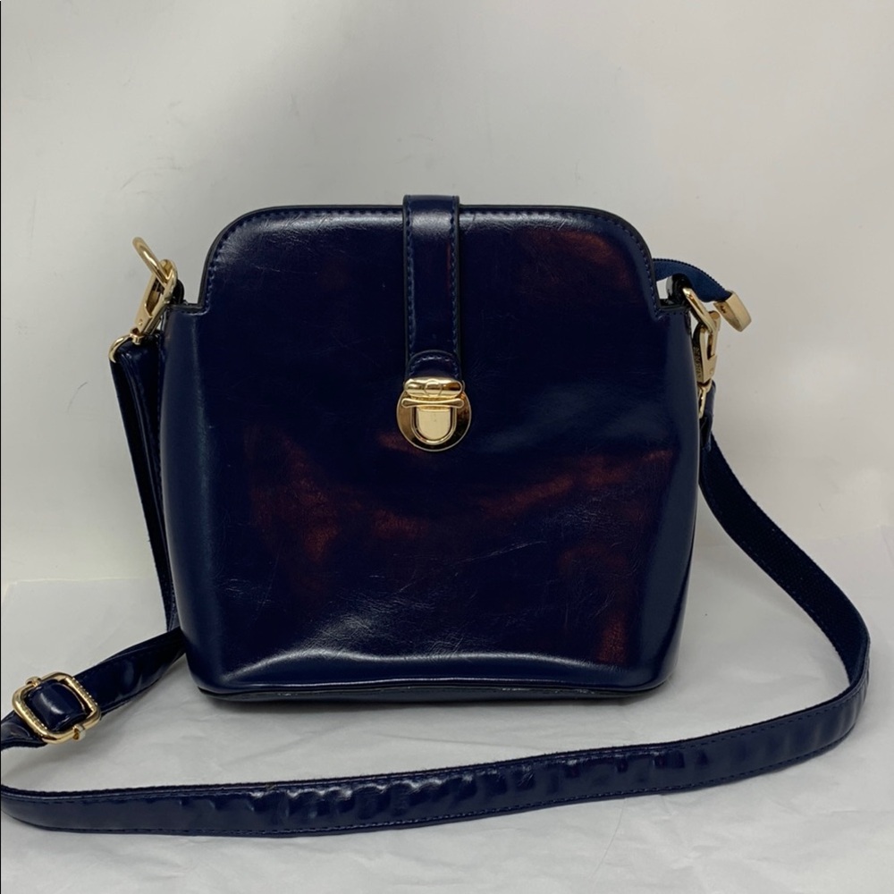 BaoBao blue purse gold tone hardware  zip closure adjustable strap